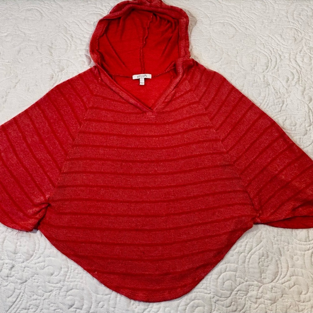 dELiA*s Red Striped Hooded Poncho Lightweight Women's Size XS Pre- Owned